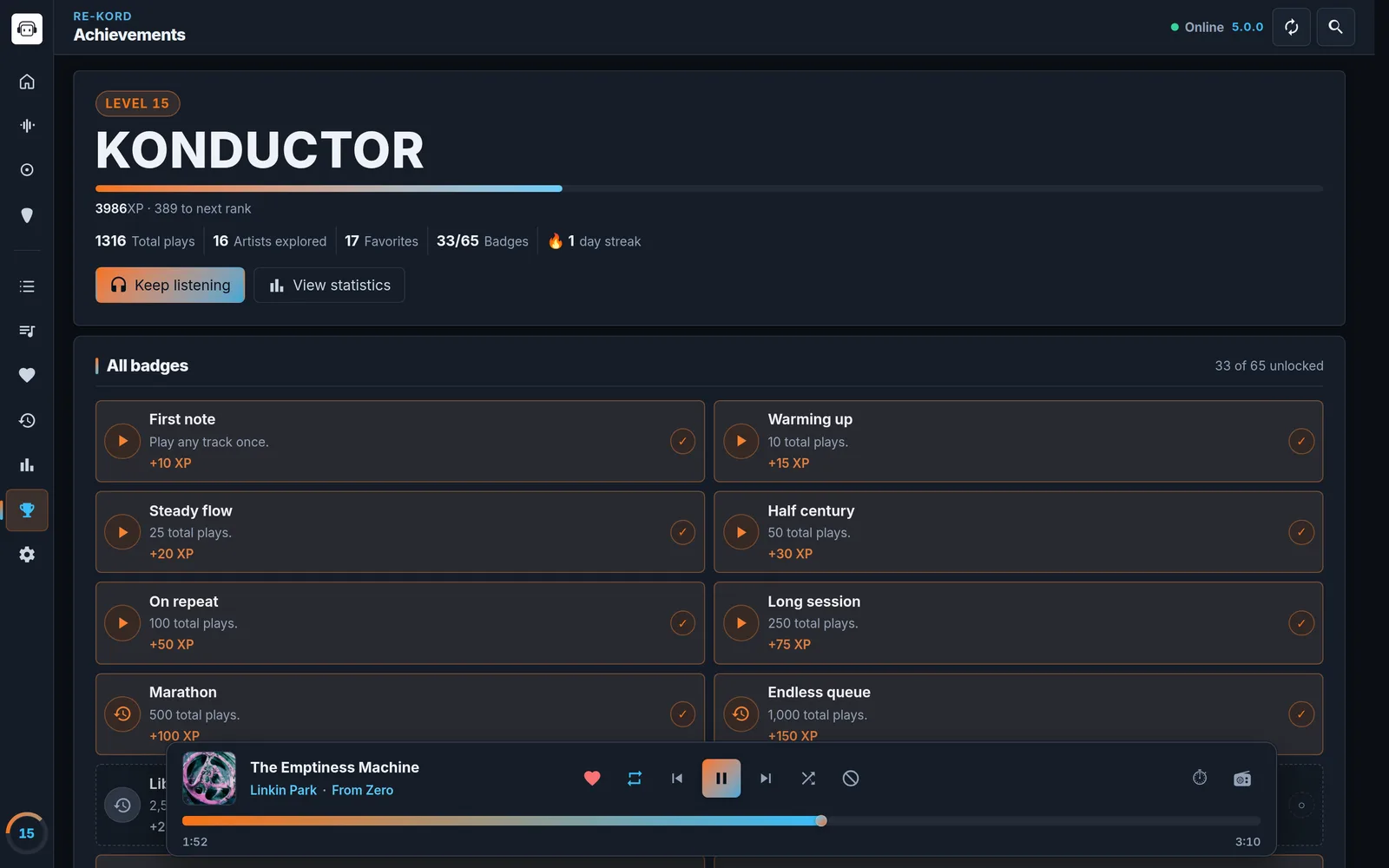 RE-KORD 5 Achievements: level 15, rank KONDUCTOR, XP progress, totals, 33 of 65 badges and the daily streak