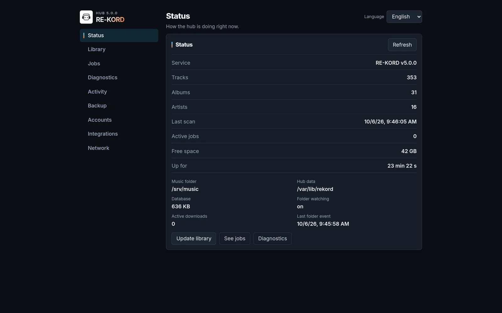 RE-KORD 5 admin panel, Status page: service version, track, album and artist counts, last scan, free space, uptime, music folder, hub data folder and folder watching
