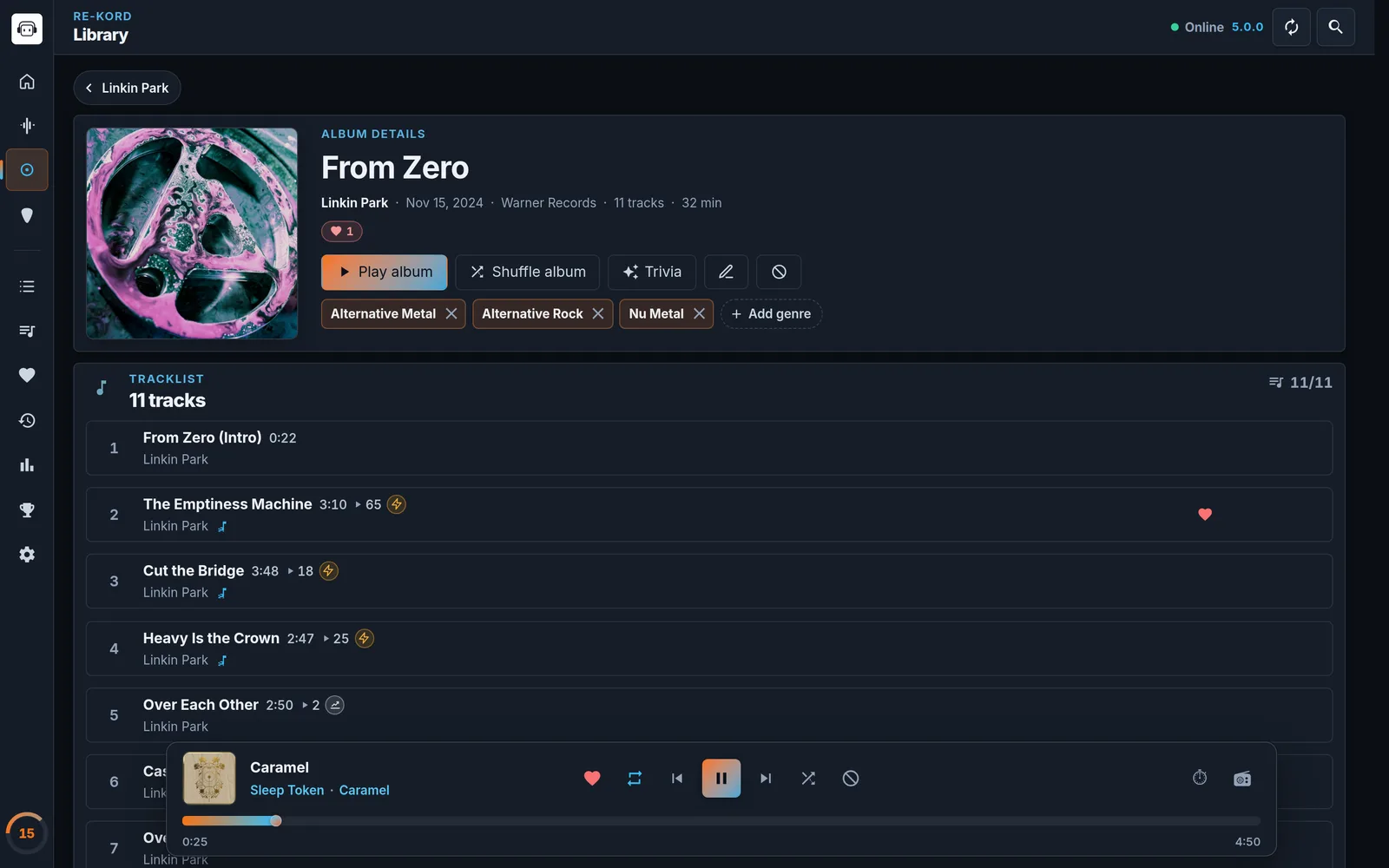RE-KORD 5 album page for From Zero by Linkin Park with Play album, Shuffle album, Trivia, edit and shuffle-block buttons, genre chips and the tracklist