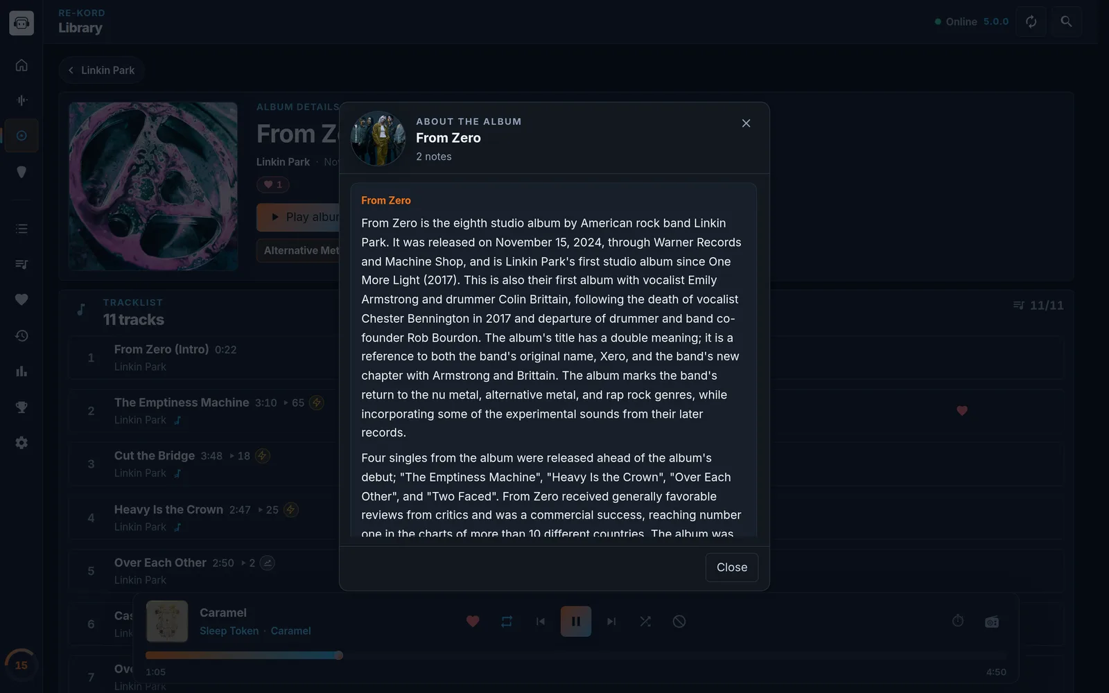 RE-KORD 5 About the album dialog for From Zero, showing trivia notes saved from Wikipedia