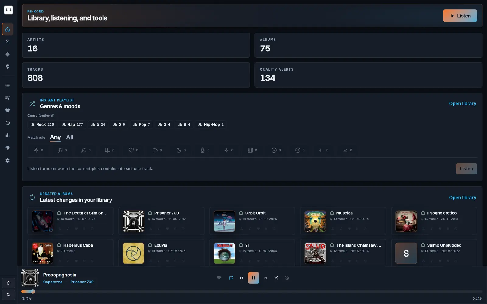 RE-KORD 4.3 dashboard — Midnight theme