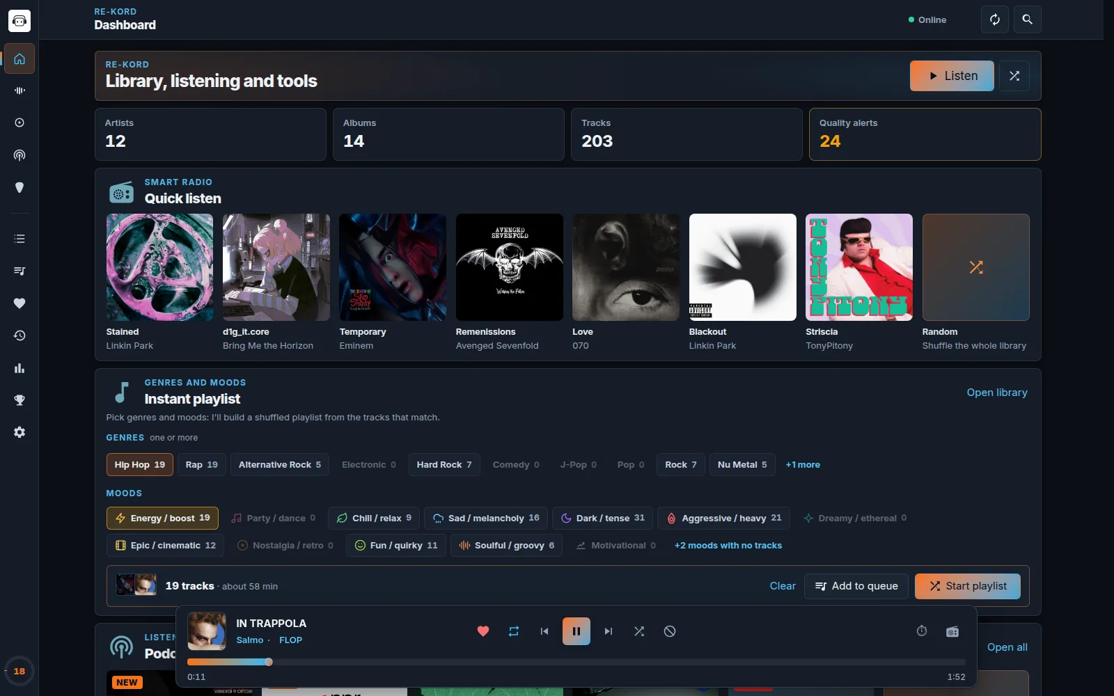 RE-KORD 5 Home dashboard in the Midnight theme: library counters, Smart Radio quick-listen tiles and the Instant playlist card with Hip Hop and Energy / boost selected, 19 matching tracks, with music playing in the player bar