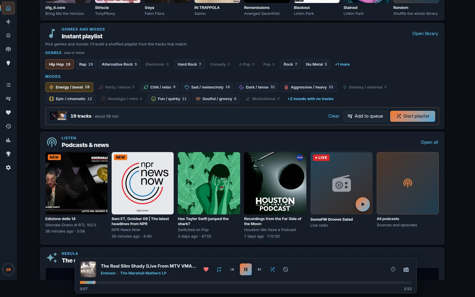 RE-KORD 5 Home: the Instant playlist card with Hip Hop and Energy / boost selected and 19 matching tracks, with Clear, Add to queue and Start playlist, above the Podcasts & news card with the latest episodes and a live radio station