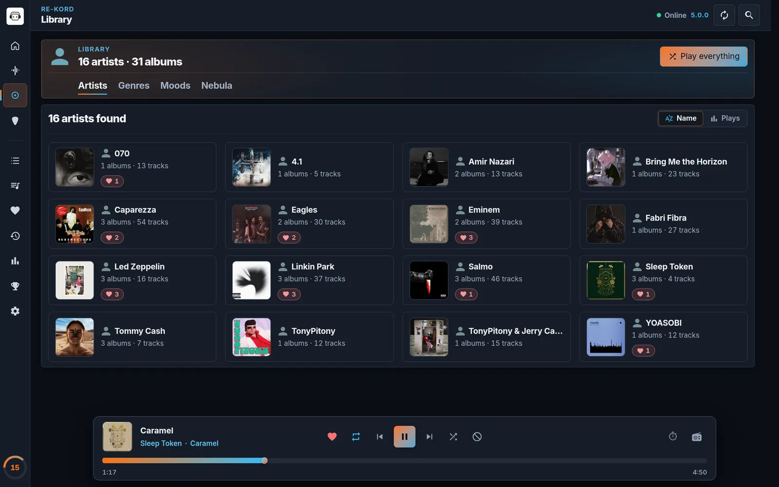 RE-KORD 5 Library › Artists: a grid of 16 artists with covers, album and track counts and favorite counts, sortable by name or plays