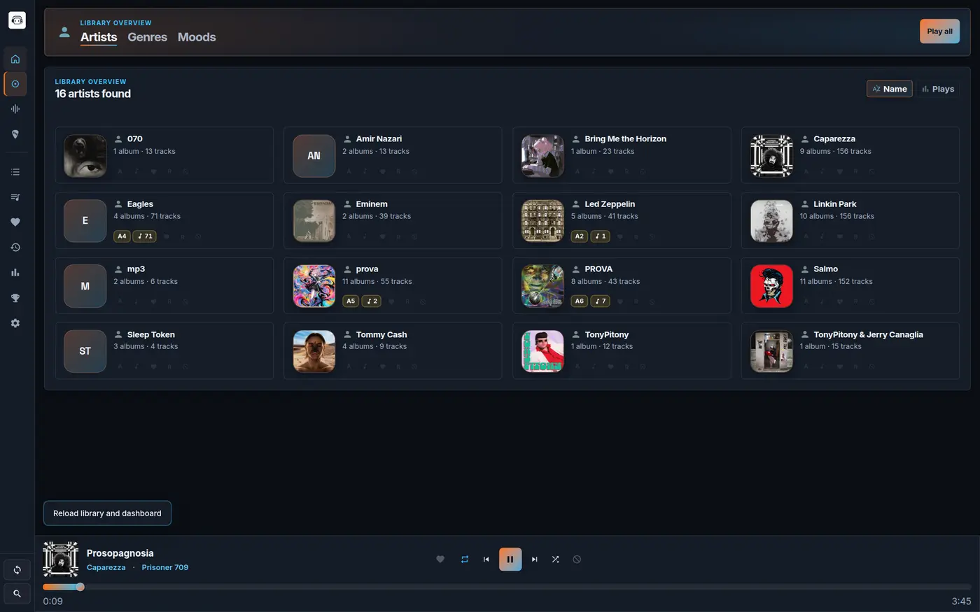 RE-KORD Library — artists overview, Midnight theme
