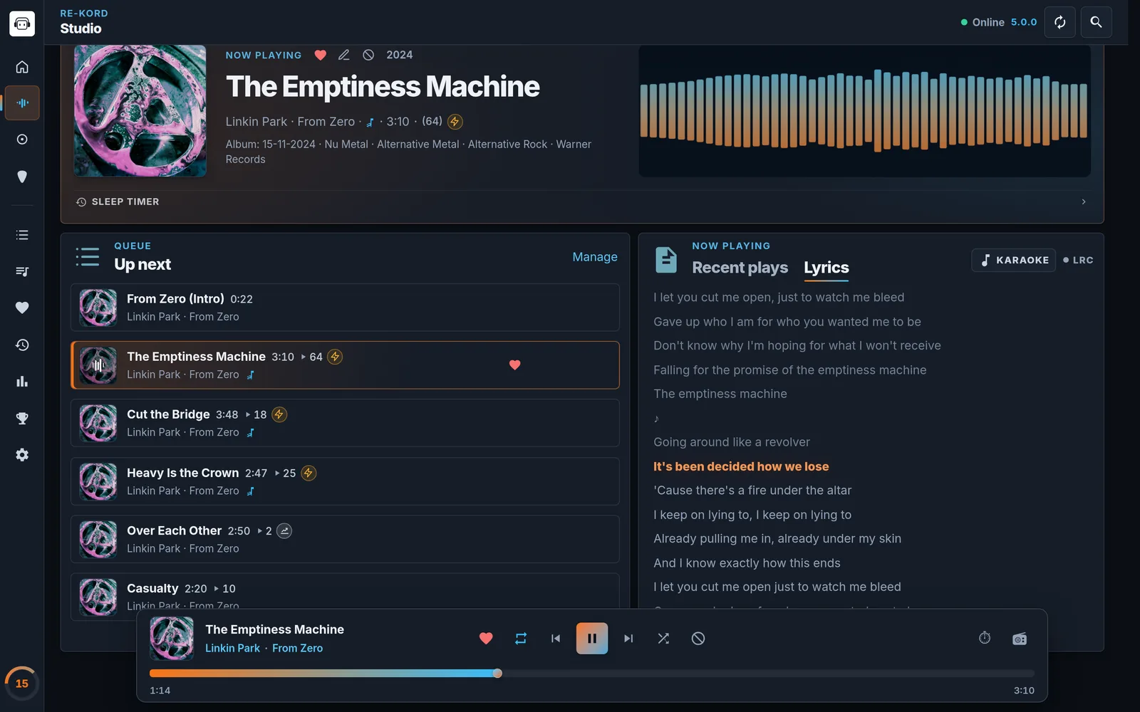 RE-KORD 5 Studio › Listen on desktop: now playing with cover, details and visualizer, the Up next queue and synced lyrics with the current line highlighted