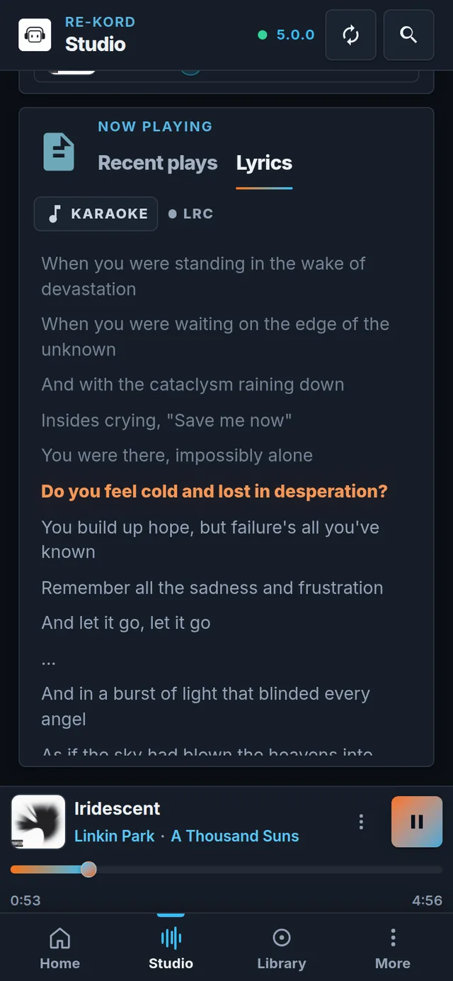 RE-KORD 5 on a phone: the Lyrics tab with synced LRC lyrics and the KARAOKE button, above the mini player and bottom navigation