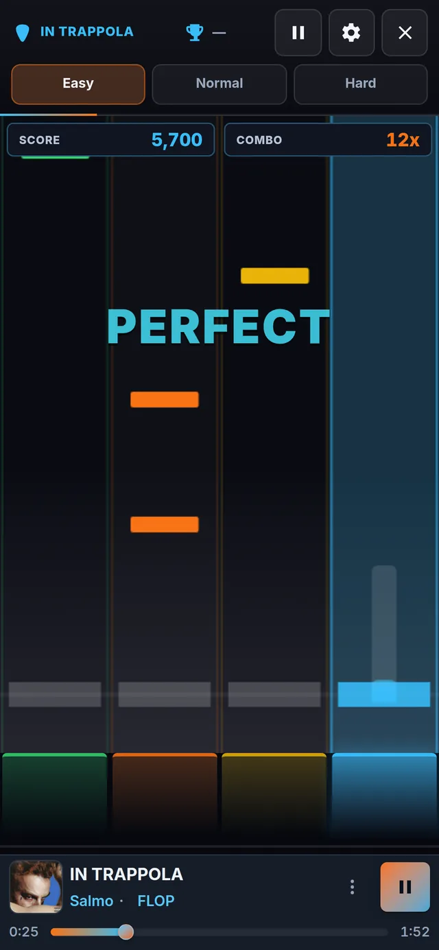 Plectr on a phone: four lanes with a Perfect judgement, the score and a 12x combo, the lane pads, and the player bar with the current song kept at the bottom