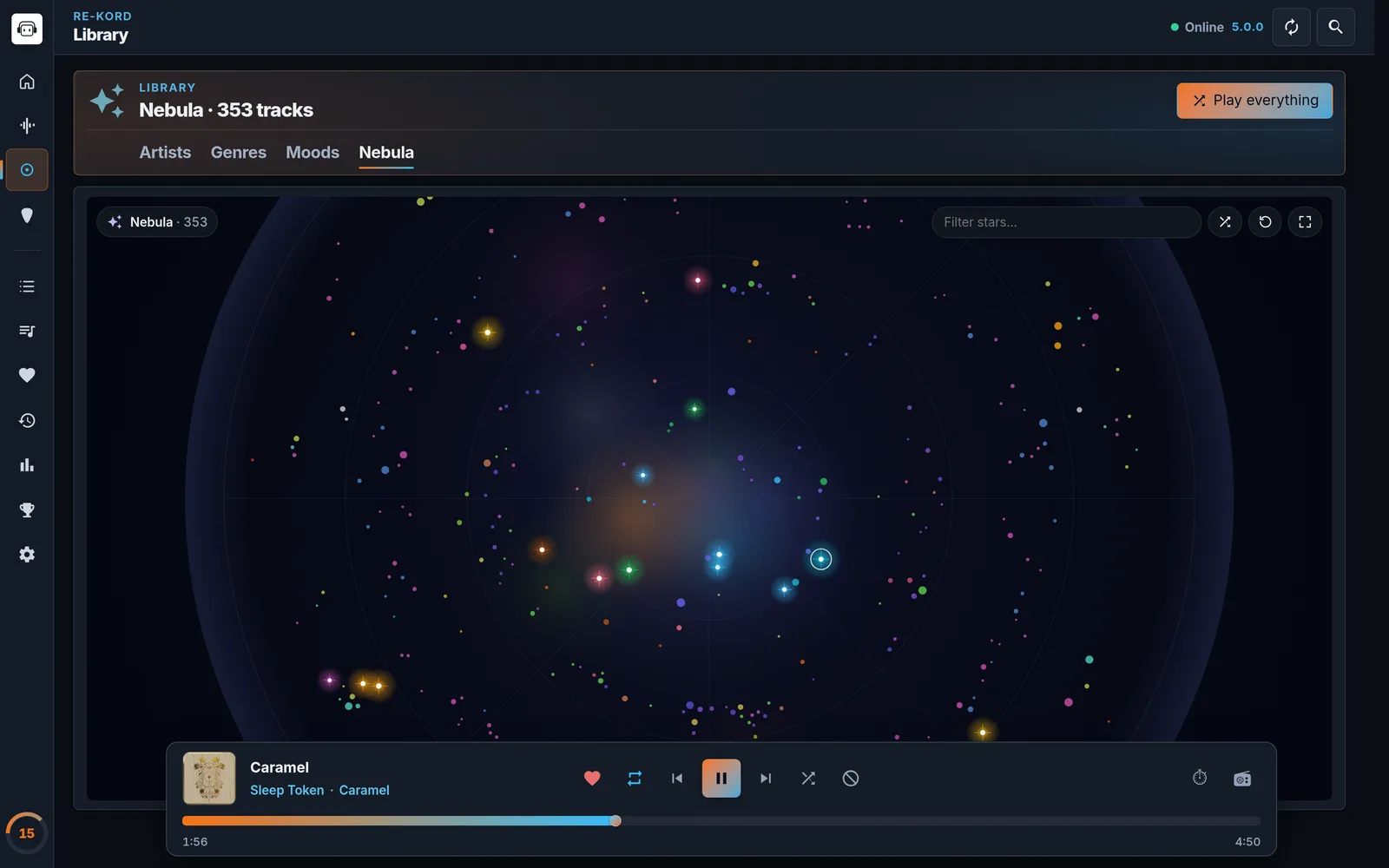 RE-KORD 5 Library › Nebula: 353 tracks drawn as coloured stars in a galaxy, with the Filter stars field, Surprise me, Reset view and Fullscreen buttons