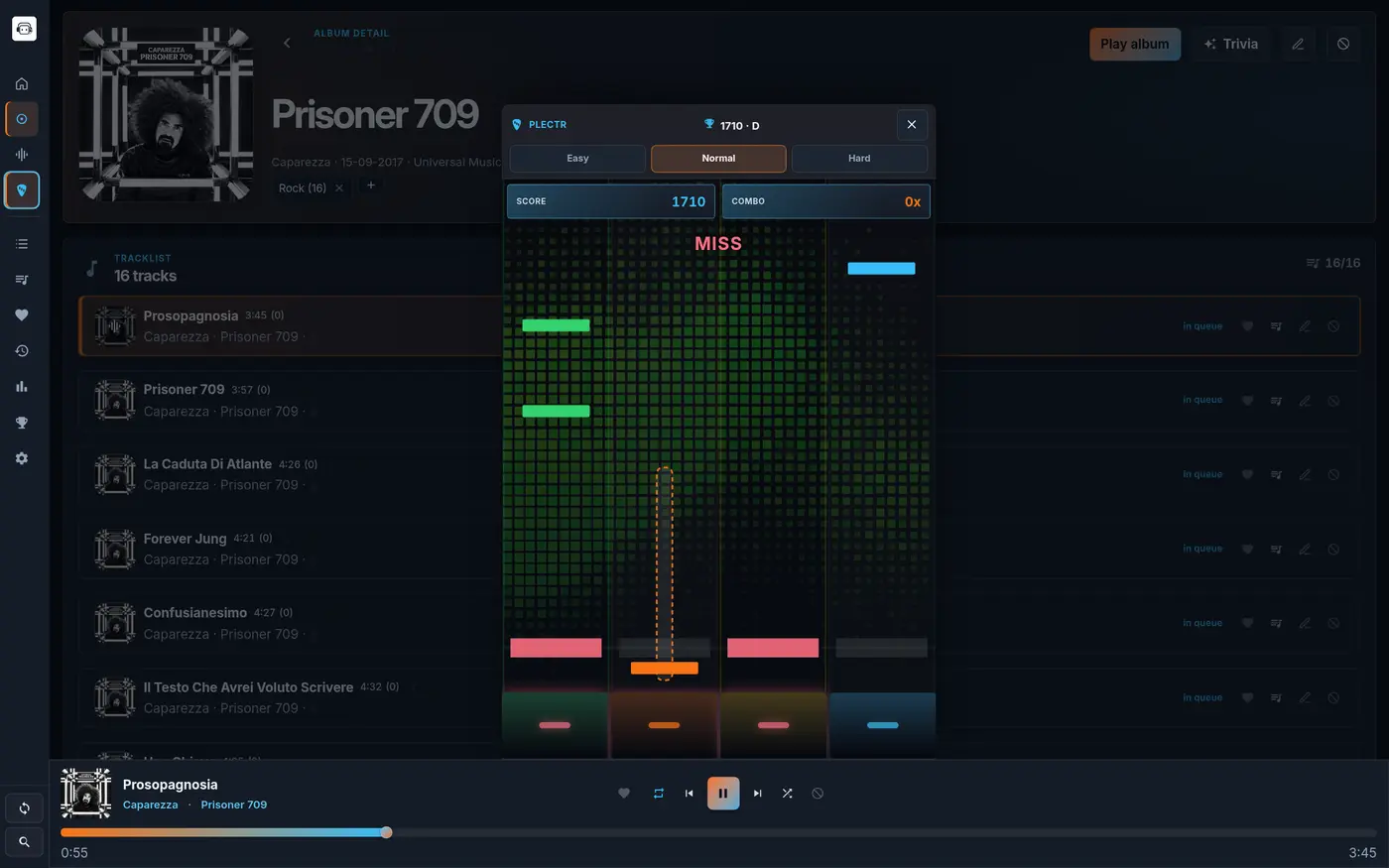 Plectr on desktop — falling notes with the DiscoWall visualizer behind the lanes
