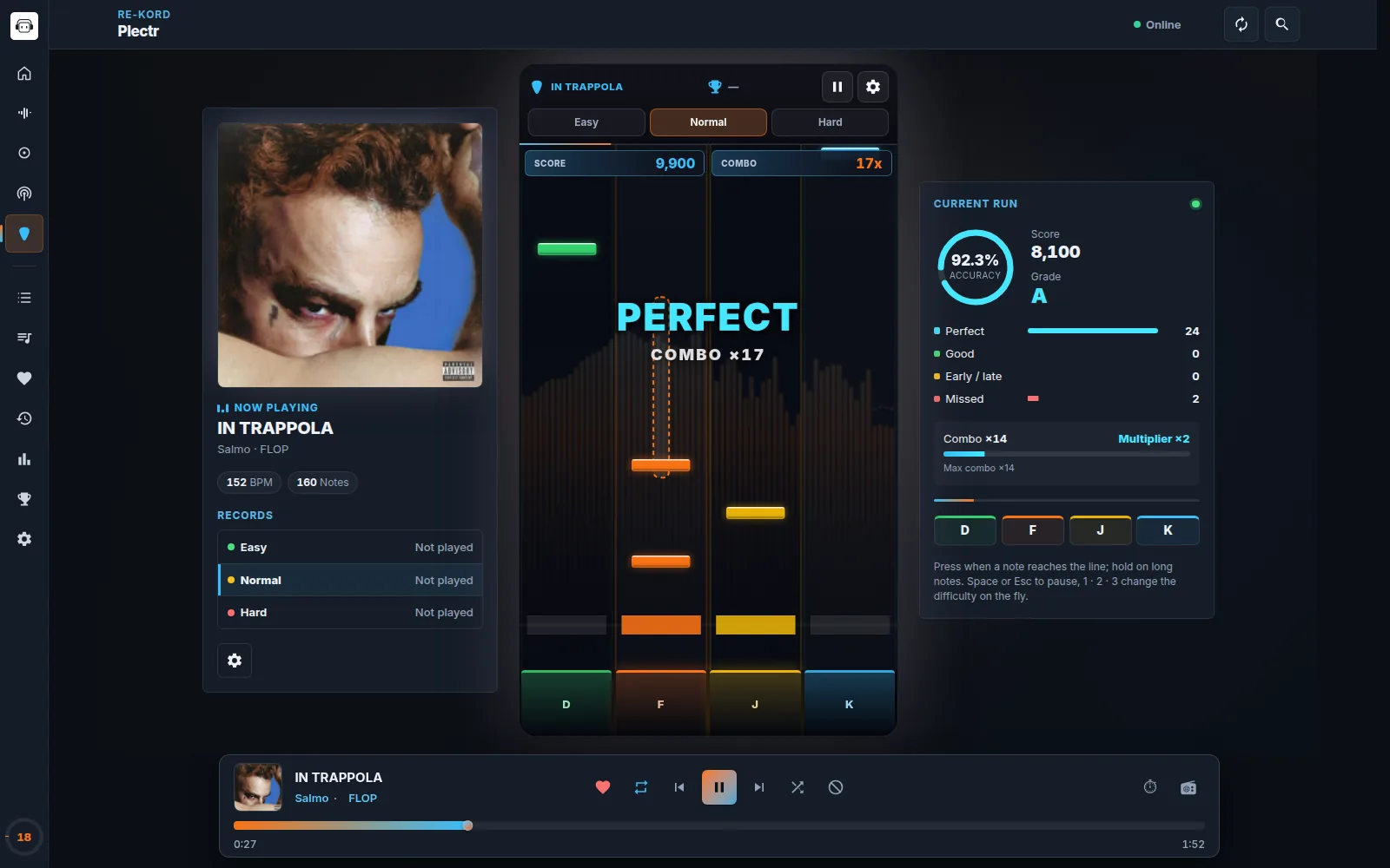 Plectr on desktop: the portrait stage on Normal mid-song with a Perfect judgement and a 17x combo, the D F J K pads, the now-playing card with BPM, note count and records per difficulty, the current run panel and the player bar below
