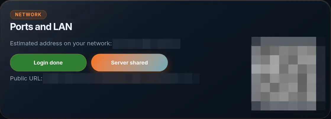 RE-KORD Settings — Network card with LAN address, share state and QR pairing code (addresses redacted)