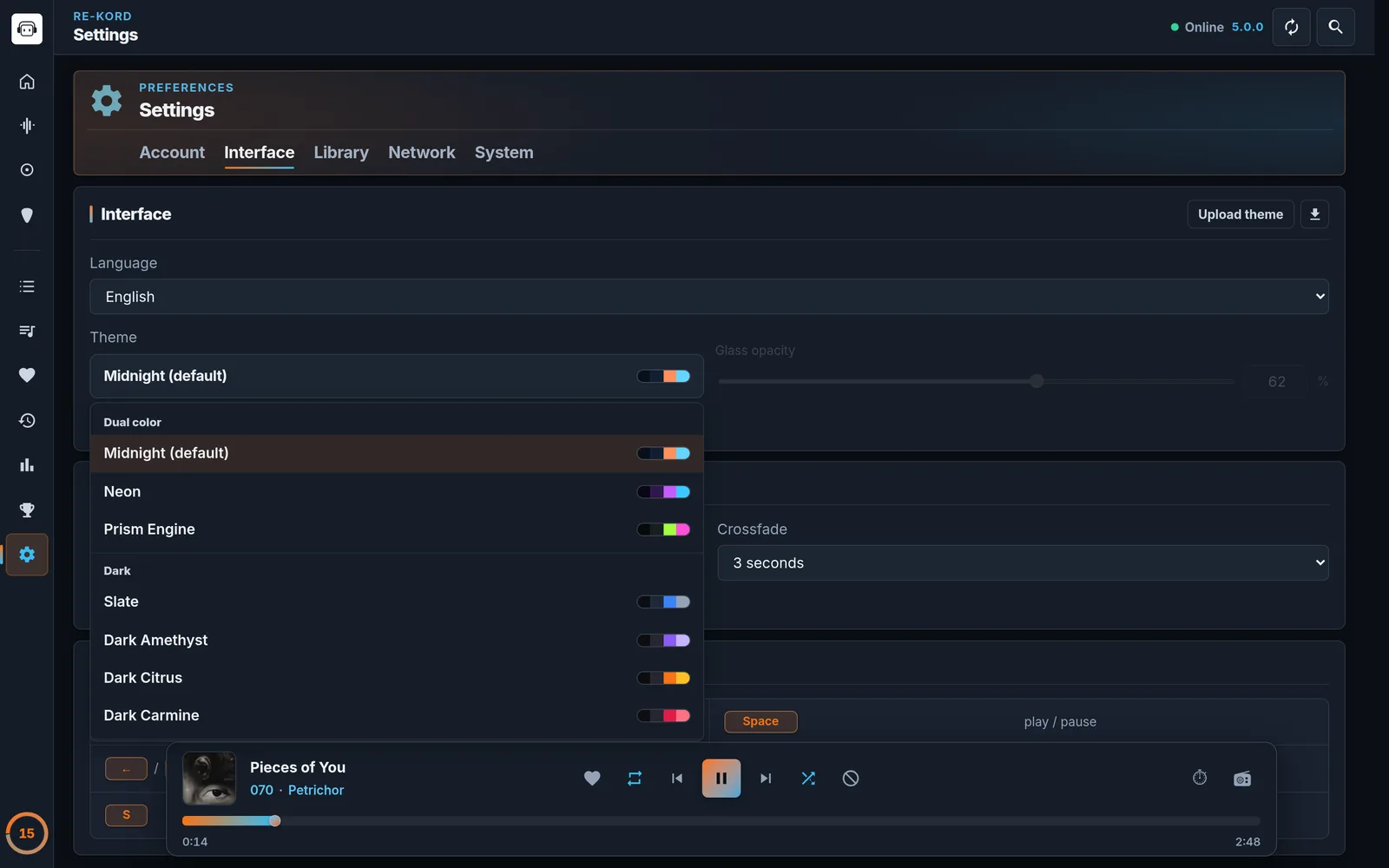 RE-KORD 5 Settings › Interface: the theme picker open on the Dual color and Dark groups, with the Glass opacity slider and the crossfade setting