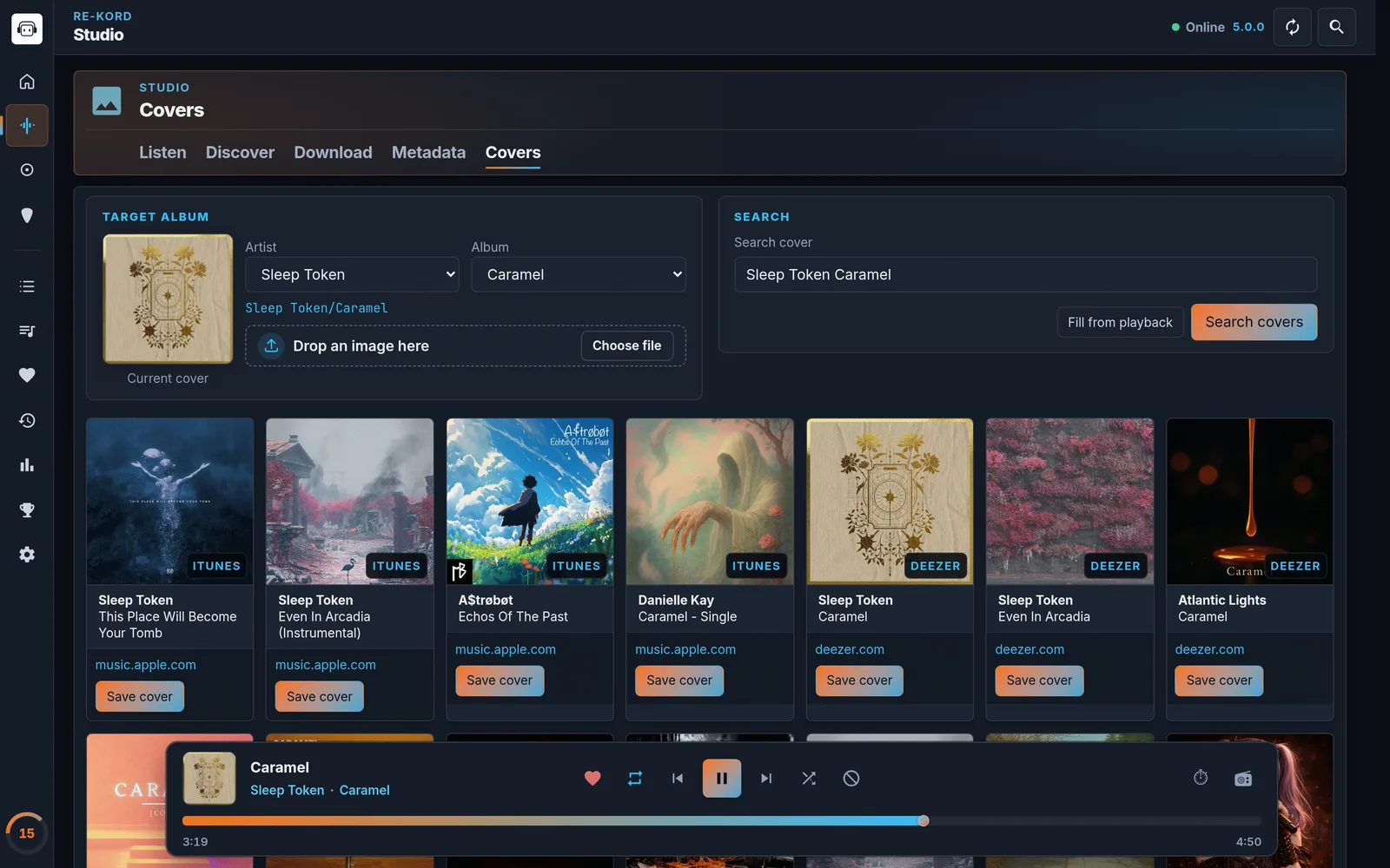 RE-KORD 5 Studio › Covers: the target album with its current cover and a drop zone, and cover search results from iTunes and Deezer with Save cover buttons