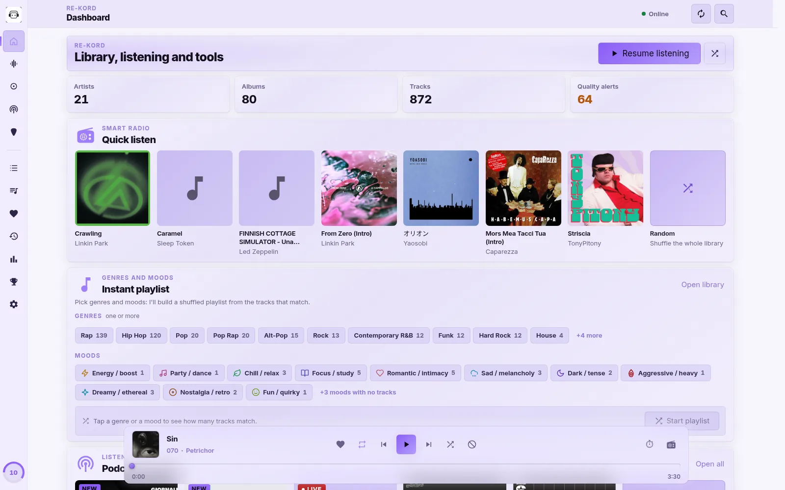 RE-KORD 5 Home dashboard in the light Amethyst theme: library counters, Smart Radio quick-listen tiles and the Instant playlist card with genre and mood chips